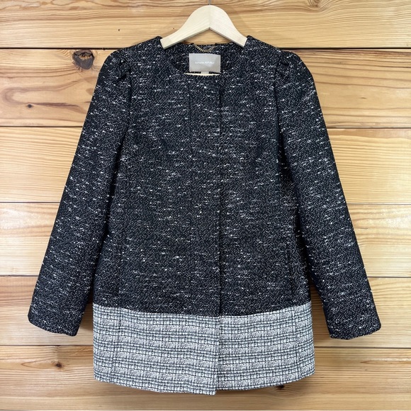 Banana Republic Black Tweed Longline Jacket Petite Small PS Swing Collarless B87 - Picture 1 of 16